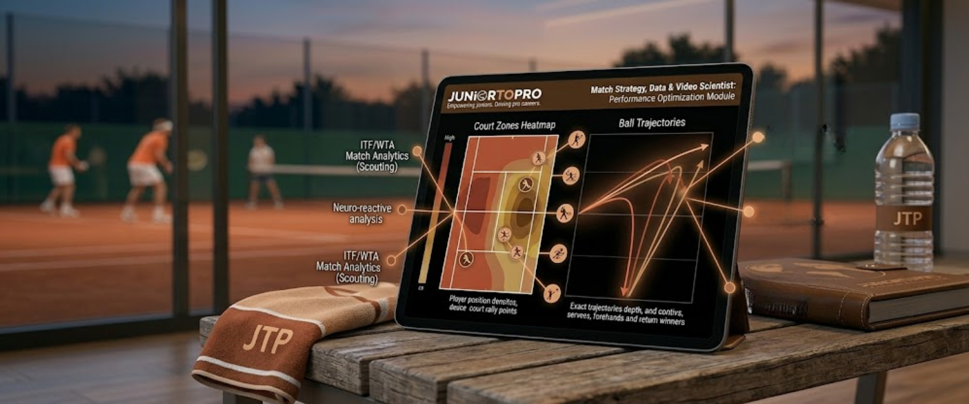 Tennis match strategy tablet with court heatmap and ball trajectories
