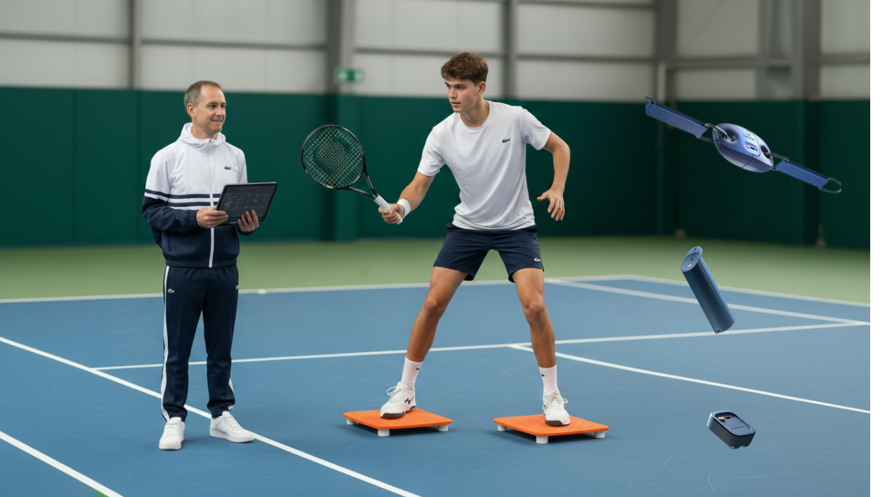 High-performance tennis coach testing a player with force plates — the 4-in-1 method