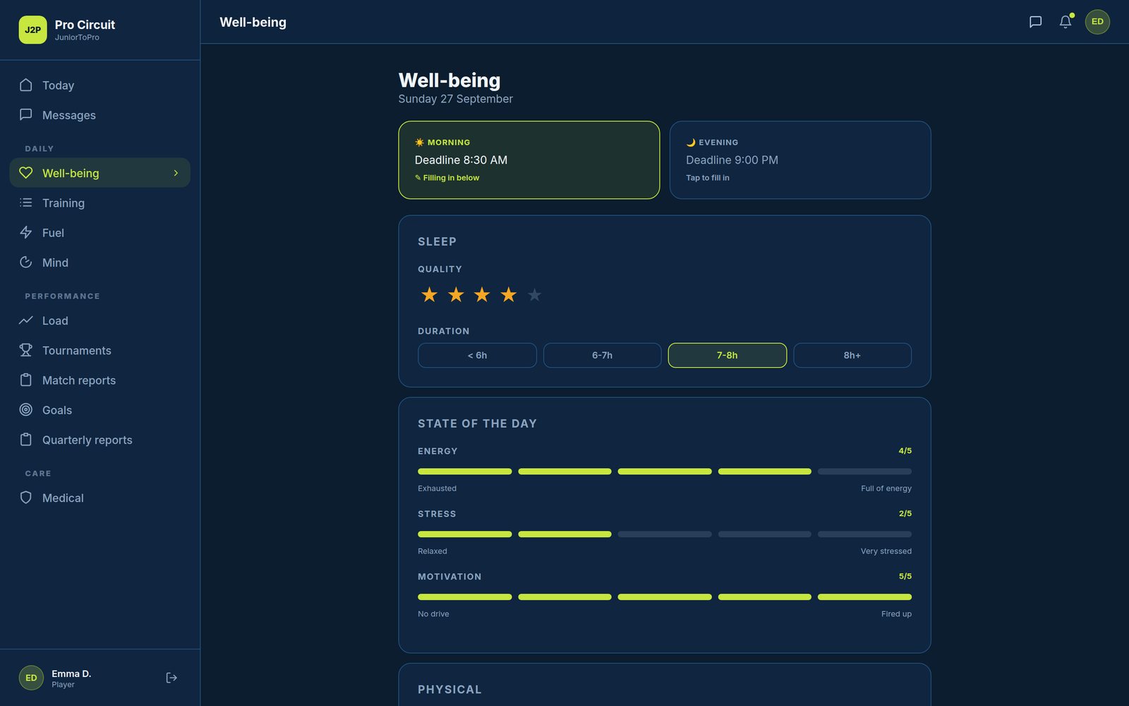 J2Pro Circuit daily wellbeing check-in