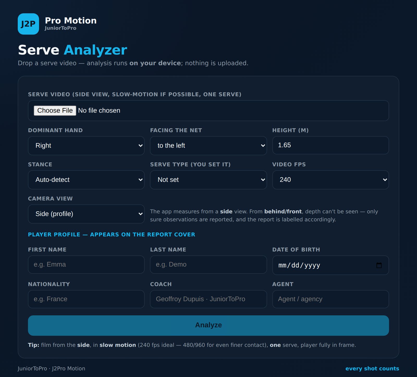 J2Pro Motion serve analyzer setup: side view, slow motion, player profile