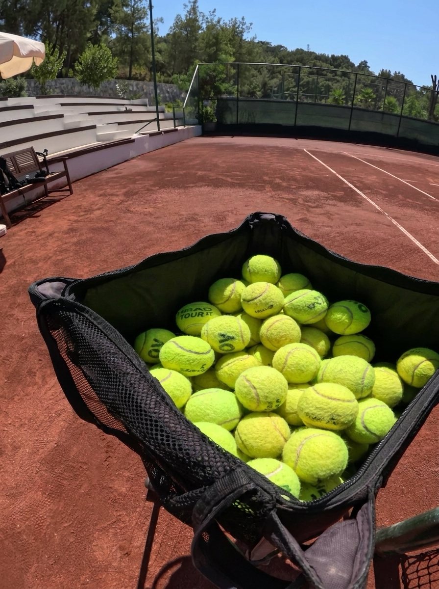 Private tennis coach ball basket on a clay court before a high-performance session