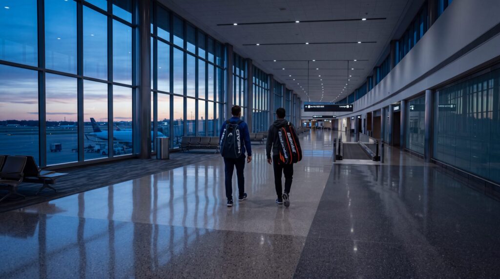 Travelling tennis coach and player walking through an airport with racket bags